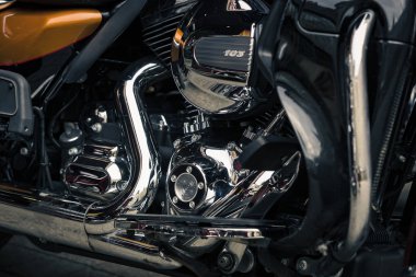 Kiev, Ukrayna - 5 Ekim 2019: Harley Davidson motosiklet teçhizatı yakın çekim.