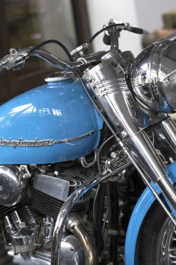 Kiev, Ukrayna - 5 Ekim 2019: Harley Davidson motosiklet teçhizatı yakın çekim.