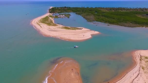 巴西巴伊亚卡拉瓦科鲁姆博海滩鸟图 伟大的风景 在科鲁姆博河上航行的船只 美丽的风景 海滩场景 — 图库视频影像