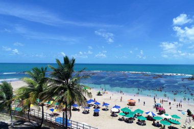 Porto de Galinhas'ın Beach, Pernambuco, Brezilya Hava görünümünü: Yüzme fishs doğal havuzlarda ile deneyim. Tatil seyahat. Tatil tropikal. Tropikal seyahat. Büyük plaj sahne. Güzel manzara. Sahne seyahat. Tatil sahne.