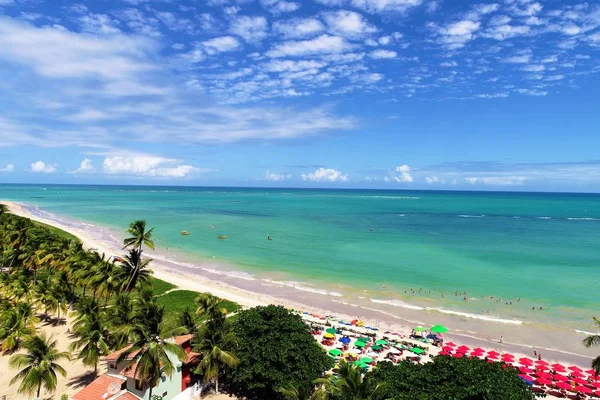 Havadan görünümü Sao Miguel DOS Milagres Beach, Alagoas, Brazil: Yüzme ile fishs doğal havuzlarda benzersiz deneyimi. Harika tatil seyahat. Büyük plaj sahnesi. Güzel manzara. Mumlar, Yelkenliler, sallar, limandaki tekneler! Büyük sahne!