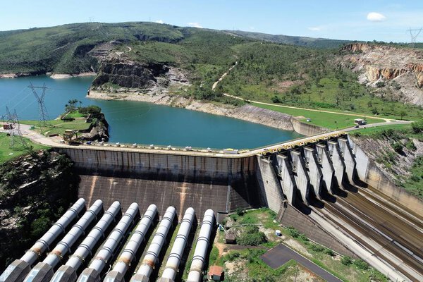 Aerial view of Furnas's Hydroeletric, Minas Gerais, Brazil. Energy generation. Furnas's dam. Capitolios lagoon. Travel destination. Tropical travel. Tourism point.