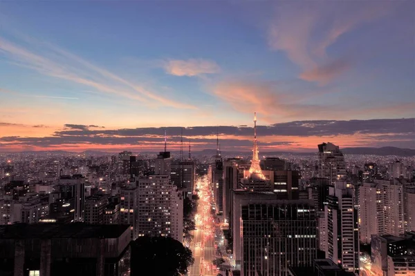 Sunset Légi Kilátás Paulista Avenue Sao Paulo Brazília Naplemente Díszletében — Stock Fotó