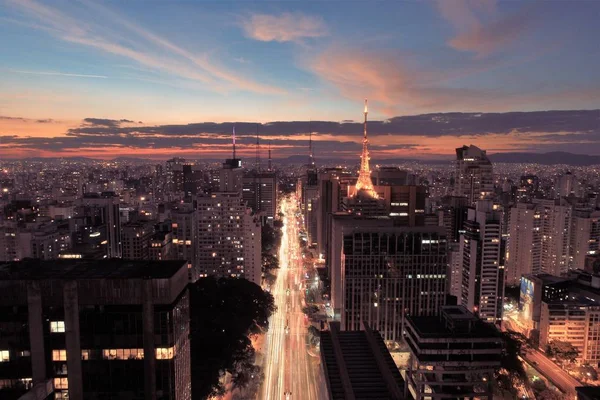 Sonnenuntergang Luftaufnahme Von Paulista Avenue Sao Paulo Brasilien Sonnenuntergang Innenstadtszene — Stockfoto