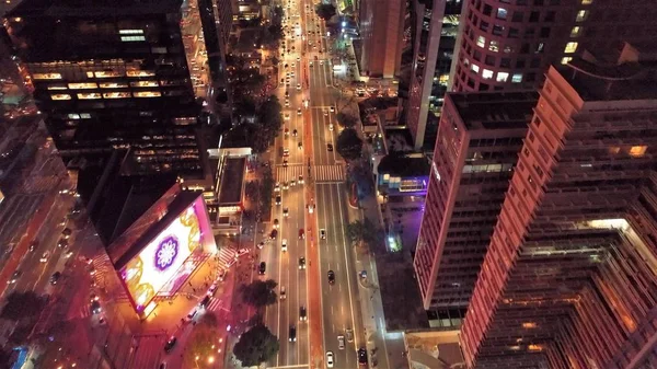 Vista Aérea Cidade Noite Com Avenida Iluminada Bonita Grande Paisagem — Fotografia de Stock