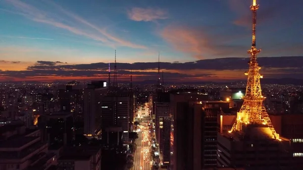 Luftaufnahme Des Sonnenuntergangs Auf Der Paulista Avenue Paulo Brasilien Abenddämmerung — Stockfoto