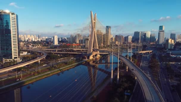 Estaiada の橋航空写真ビュー サンパウロ ブラジル ビジネスセンター 金融センター素晴らしい風景 有名なケーブルカー サンパウロの橋 都市のランドマーク — ストック動画
