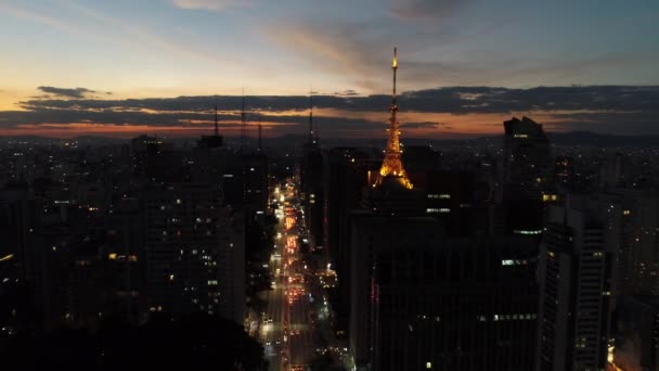 夜间城市的鸟瞰图 伟大的风景 著名的保利斯塔大道 圣保罗 美丽的黄昏风景 — 图库视频影像