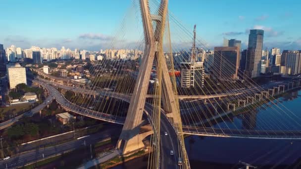 Ponte Estaiada Brug Luchtfoto Sao Paulo Brazilië Business Centrum Financial — Stockvideo