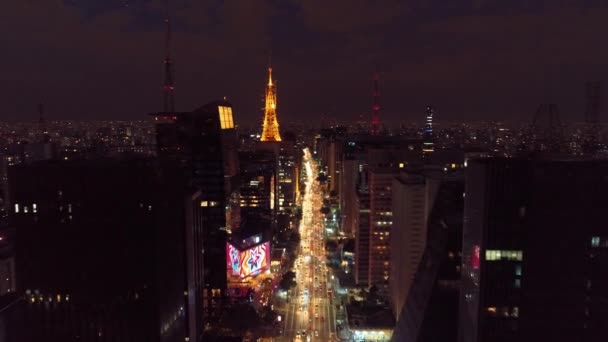 Luchtfoto Van Stad Nachts Geweldig Landschap Beroemde Paulista Avenue Sao — Stockvideo