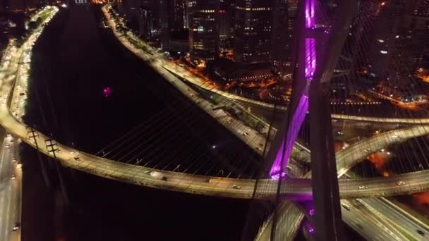 Pont Estaiada Vue Aérienne Nuit Sao Paulo Brésil Centre Affaires — Video