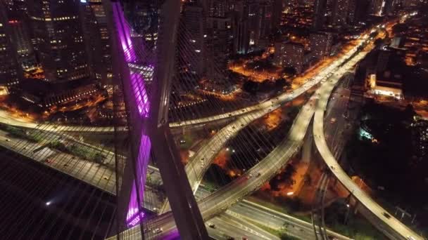 Pont Estaiada Vue Aérienne Nuit Sao Paulo Brésil Centre Affaires — Video