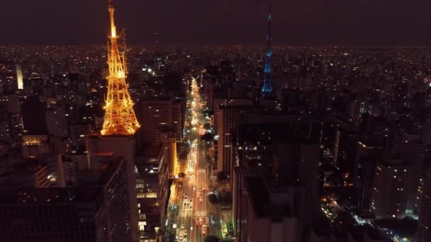 Luchtfoto Van Stad Nachts Geweldig Landschap Beroemde Paulista Avenue Sao — Stockvideo