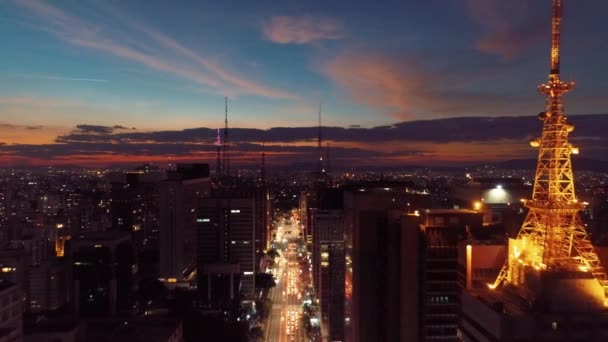 Luftaufnahme Des Sonnenuntergangs São Paulo Brasilien Abenddämmerung Innenstadtszene Wahrzeichen Der — Stockvideo