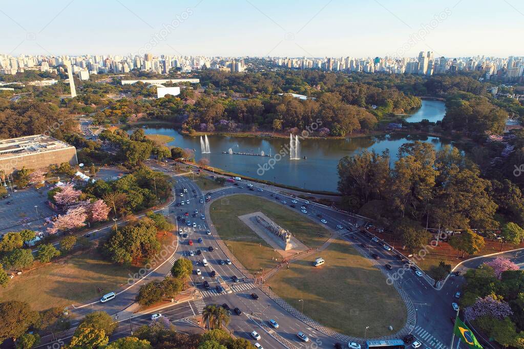 Aerial view of Ibirapuera's Park in the beautiful day, Sao Paulo Brazil. Great landscape. 