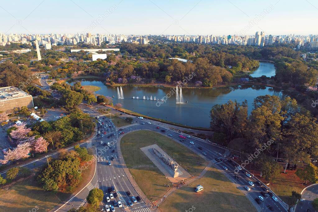 Aerial view of Ibirapuera's Park in the beautiful day, Sao Paulo Brazil. Great landscape. 