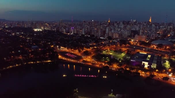 ブラジル サンパウロの夜にIbirapuera Parkの空中ビュー 素晴らしい風景 — ストック動画