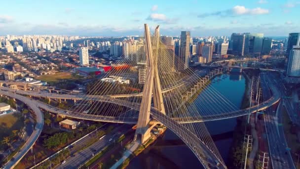 美丽缆绳的空中景观保持着一座桥梁 City生活场景 美丽的风景 — 图库视频影像