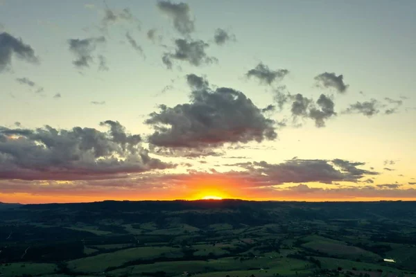 Panorama Paysage Coucher Soleil Dans Montagne Grande Scène Vie Rurale — Photo