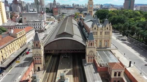 Berühmte Stadtbahnstation Wahrzeichen Der Stadt Luftaufnahme Des Stadtlebens Sao Paulo — Stockvideo