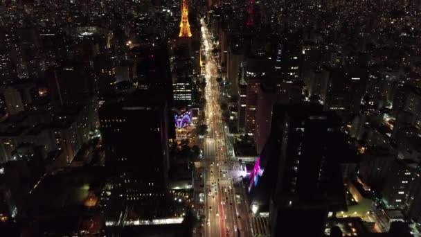 São Paulo Brasilien Upplyst Utsikt Över Paulista Avenue Natten Stadsbilden — Stockvideo