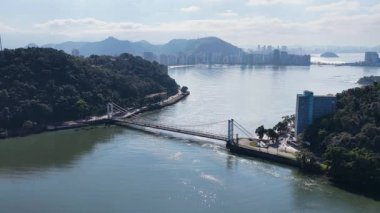 Pensil Bridge At Sao Vicente In Sao Paulo Brazil. Beach Skyline. Downtown Cityscape. Summer Travel. Pensil Bridge At Sao Vicente In Sao Paulo Brazil. Suspension Bridge.