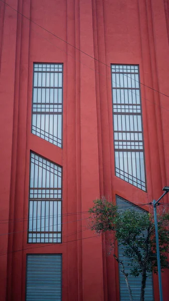 Edificio rosso con lunghe finestre verticali vicino dietro un albero — Foto Stock