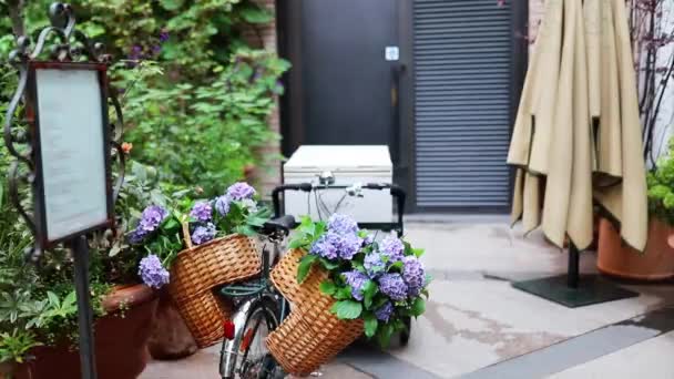 Bicicleta de carga com duas cestas de flores roxas cercadas por flores e plantas — Vídeo de Stock