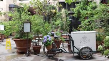 Çiçekler ve Bitkilerle çevrili Kargo Bisikletinin İki Tarafında Mor Çiçekler Sepetleri