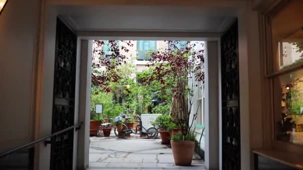 Sala che conduce ad un giardino pieno di fiori e piante — Video Stock