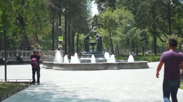 人々が歩く公園の真ん中にある噴水の4Kビュー — ストック動画