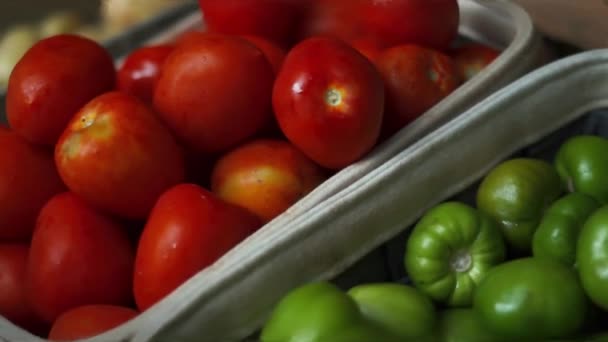 4k Potatoes, Tomatoes and Green Tomatillos in Baskets — Stok Video