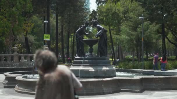 4K Widok na fontannę w środku parku otoczony przez ludzi — Wideo stockowe