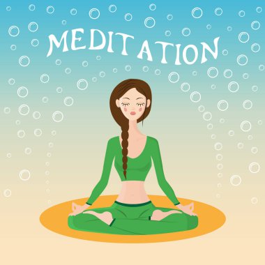 Yoga yapan bir kız. Lotus meditasyon pozu. Tasarım kartları, defter, yoga stüdyosu, poster ve kitap için şablon.