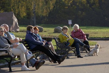 Moskova, Rusya, 15 Ekim 2018: Köpekli yaşlı kadınlar ve diğer insanlar parkta bir bankta dinleniyor