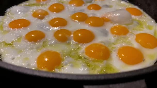 Stekta Vaktelägg Gjutjärnspanna Hemlagad Frukost Matlagning Hemma Stekta Ägg Olivolja — Stockvideo