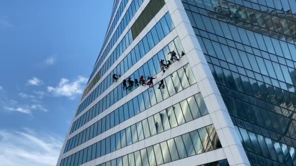 モスクワ ロシア 2020年7月24日 ガラスのファサードを掃除する窓の洗濯機 工業用登山者は現代の高層ビルの窓を洗う 男性はモスクワ市のエボリューションタワーを掃除します リスクの高い仕事 — ストック動画