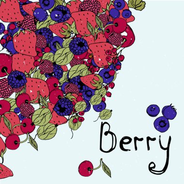 Berry arka plan, parlak grafik, çilek, kiraz, ahududu, böğürtlen, kuş üzümü, bektaşi.