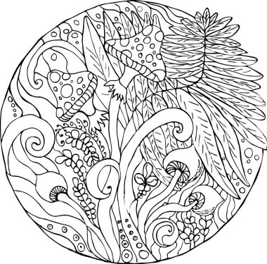 Orman ve mantar, farklı fern görüntü ile Antistress resim doodles