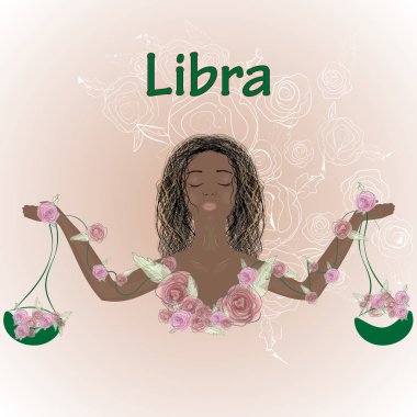 Terazi, bir kız ile renkli alg ve saçında balık resim.