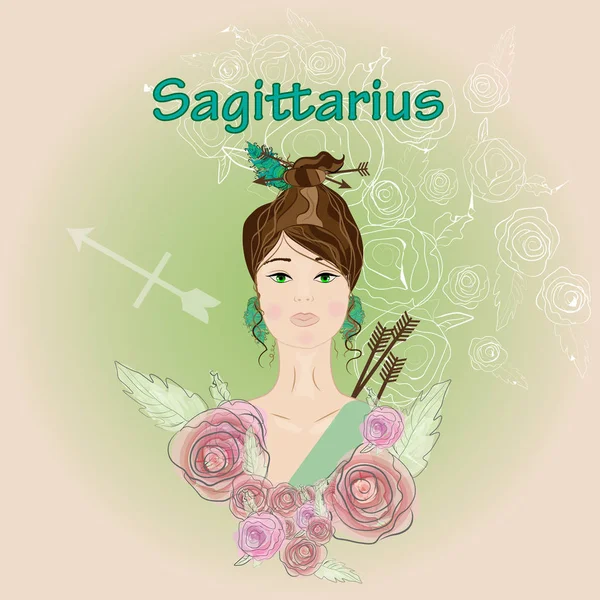 Sagittarius Image Girl Arrows Flowers Colored Feathe — Stock Vector
