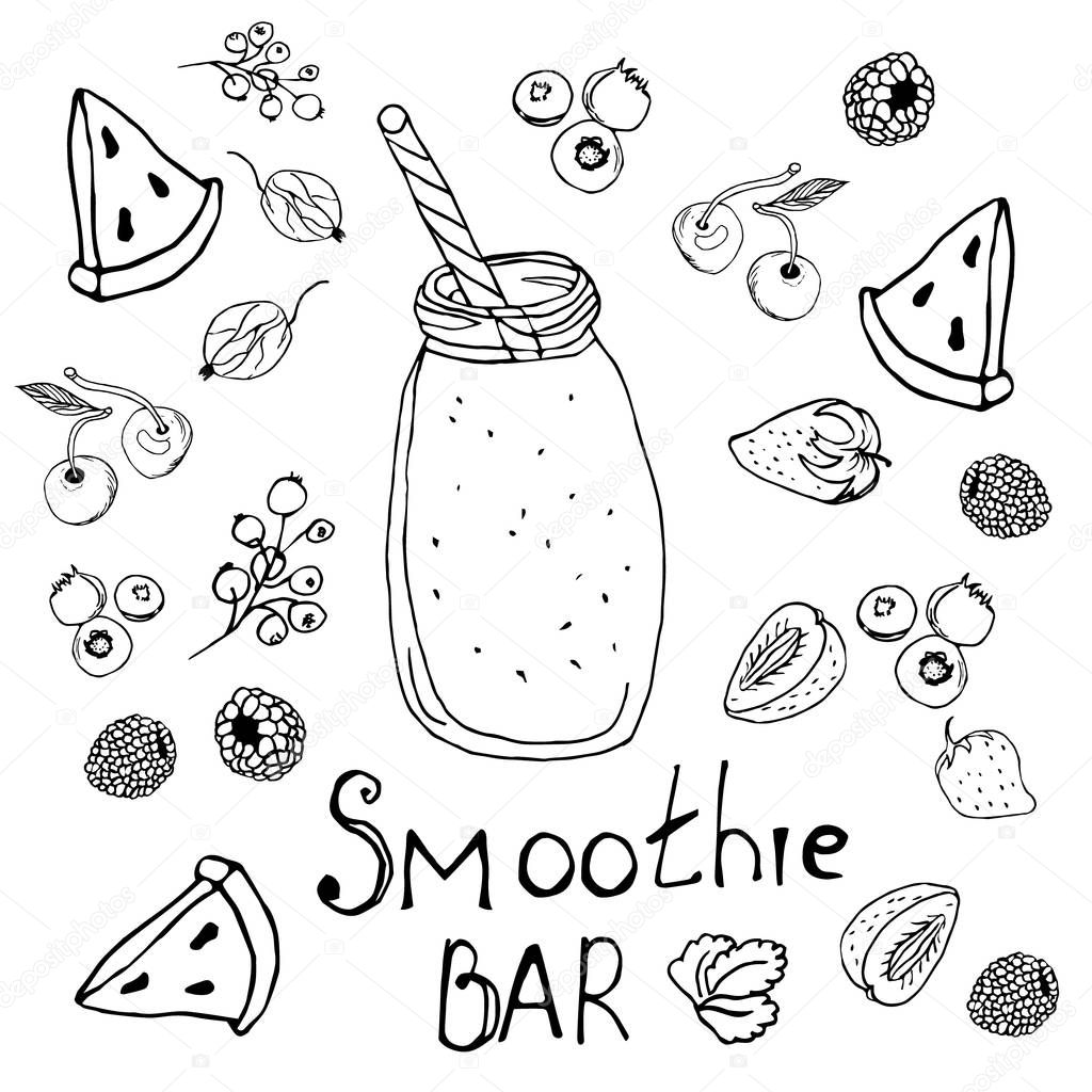 Coloring, black and white graphics on berries, fruits, and healthy drinks.