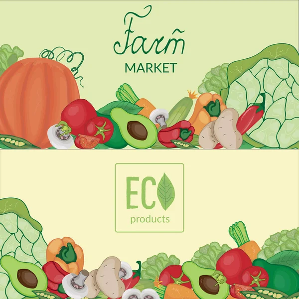 Овощи с логотипами и надписями на бежевом и зеленом фоне . — стоковый вектор