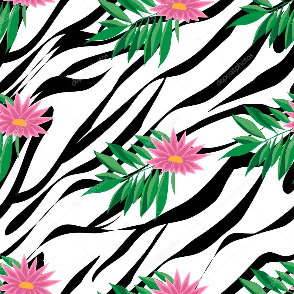 Seamless pattern imitating the color of a zebra with tropical flowers