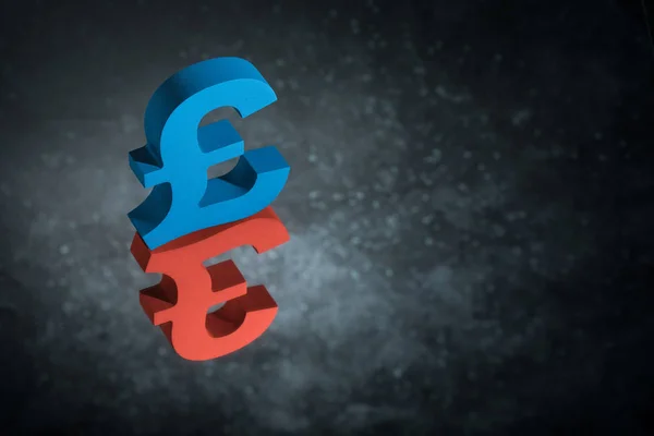 Red and Blue British Currency Symbol or Sign With Mirror Reflection on Dark Dusty Background — Stock Photo, Image