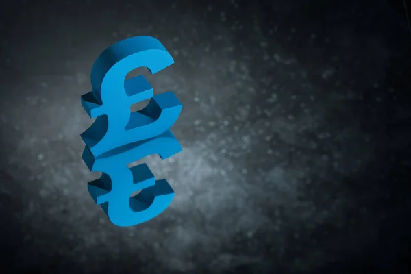 Mavi İngiliz para birimi simgesini veya işareti ile karanlık tozlu arka plan ayna yansıması — Stok fotoğraf