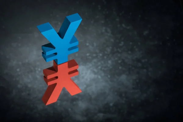 Red and Blue Japanese of Chinese Currency Symbol or Sign With Mirror Reflection on Dark Dusty Background — Stock Photo, Image