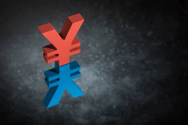 Roter und blauer Japaner mit chinesischem Währungssymbol oder Schild mit Spiegelreflex auf dunklem, staubigem Hintergrund — Stockfoto