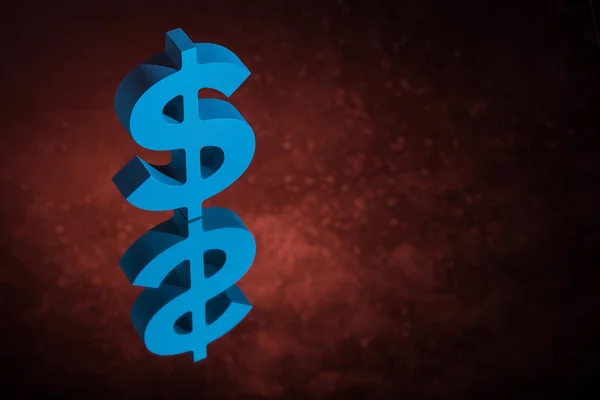 Blue US Currency Symbol or Sign With Mirror Reflection on Red Dusty Background
