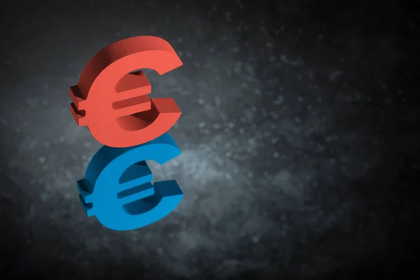 Red and Blue EU Currency Symbol or Sign With Mirror Reflection on Dark Dusty Background — Stock Photo, Image